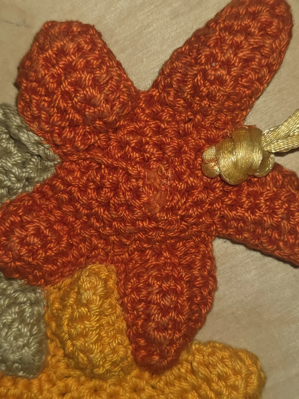 Handmade Crochet Flower Necklace in Mustard, Orange & Taupe